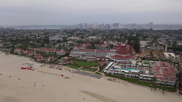 Aerial View Of Hotel del Coronado With San Diego Skyline In Background In California, USA. Historic