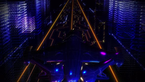 Unusual Vehicle Gliding Over Abstract Highway In 3D Digital Artificial City alt