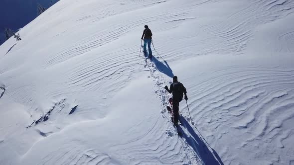 Climbers Walking Up Mountain Expedition Aerial Flight Epic Mountain Range Climb To Success Beautiful