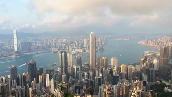 Hong Kong Urban Cityscape Aerial Skyline Panorama Timelapse at Day Pan Up