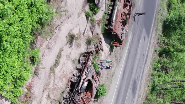 Vertical Video of a Burnt Military Equipment During the War in Ukraine