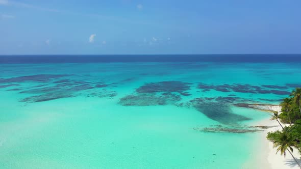 Aerial view sky of marine coast beach trip by blue water and white sand background of journey before