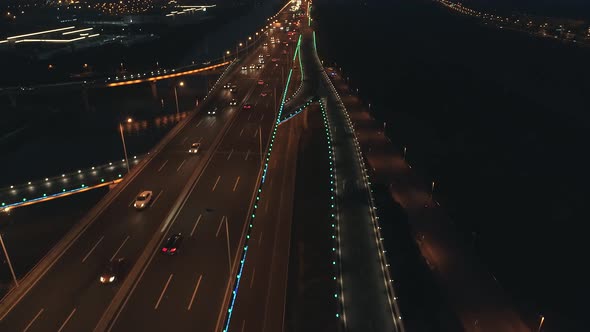 Aerial Top View of Highway Interchange at Night