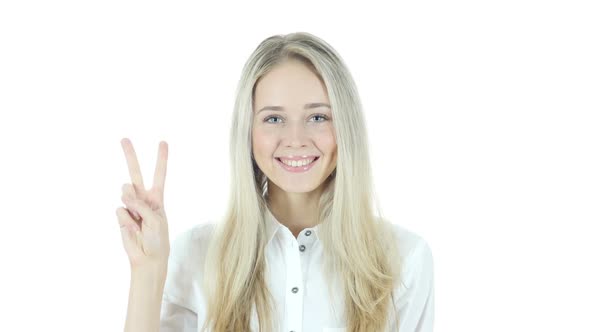 Young  Woman Showing Victory Sign, White Background