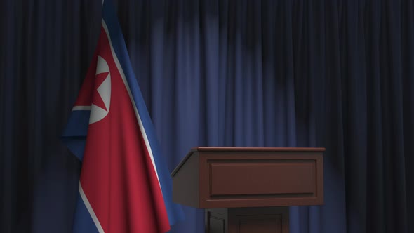 National Flag of North Korea and Speaker Podium Tribune