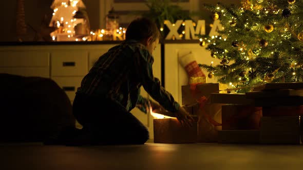 Happy Young Brothers With Presents at Christmas Tree