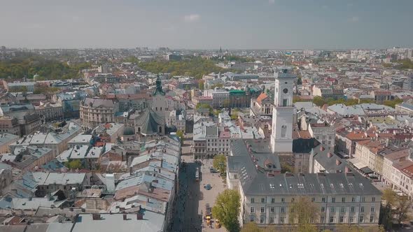 Aerial City Lviv, Ukraine. European City. Popular Areas of the City. Town Hall