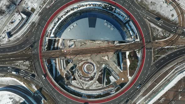 Aerial drone view of roundabout Generała Ziętka in Katowice - Day to night transition. Silesia, Pola