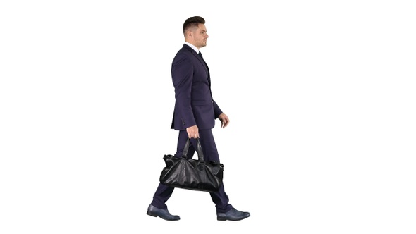 Busy man walking on street with briefcase on white background.