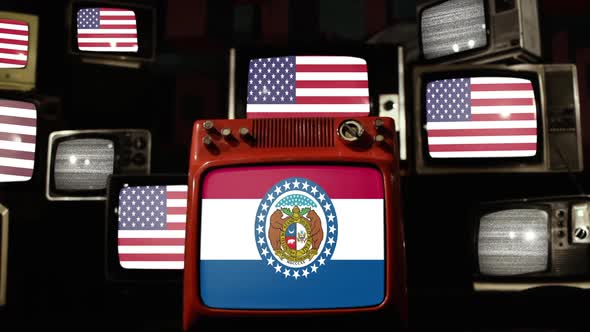 Flag of Missouri and USA Flags on Retro TVs.