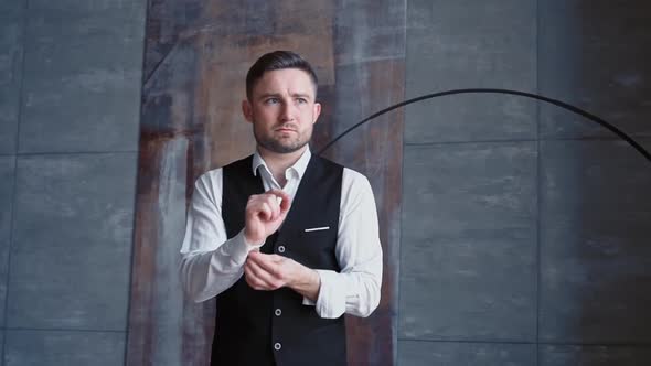 Young Business Man Caucasian Nationality with Beard Middle Aged Classic Black Suit Shirt Tie Poses