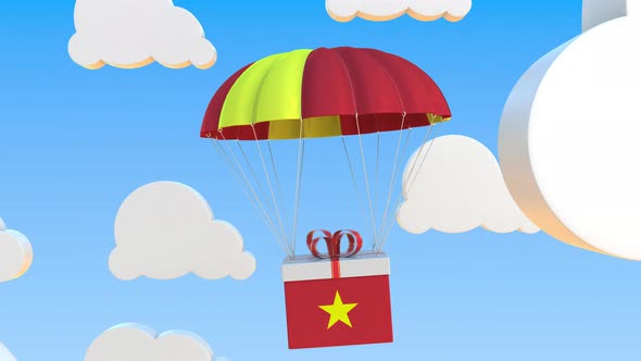 Box with National Flag of Vietnam Falls with a Parachute