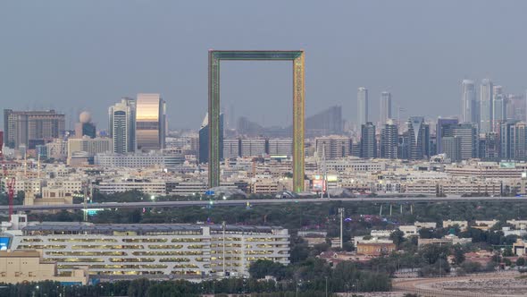 Skyline View of Deira and Sharjah Districts in Dubai Day to Night Timelapse After Sunset UAE