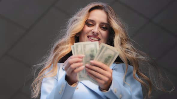 Bottom View Close Up Happy Successful Caucasian Young Business Woman Checking Amount of Cash Money