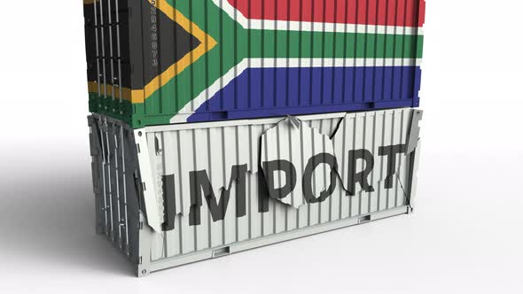 Container with Flag of South Africa Breaking Container with IMPORT Text alt
