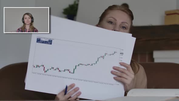 Blond Woman Showing Ascending Graph in Video Chat As Her Colleague Supporting Strategy and Showing