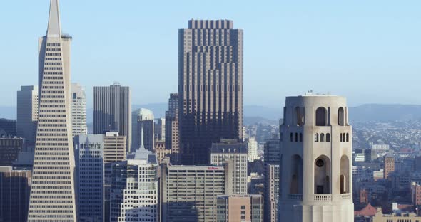 Aerial Views of the Coit Tower and Downtown San Francisco CA