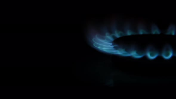 Blue gas stove flame on black background