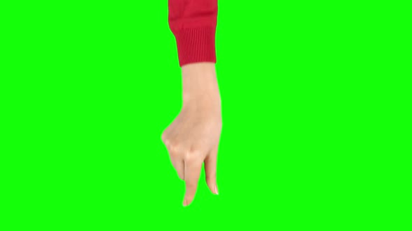 Female Hand in Red Sweater Is Performing Double Swipe Down at Tablet Screen Gesture. Chroma Key
