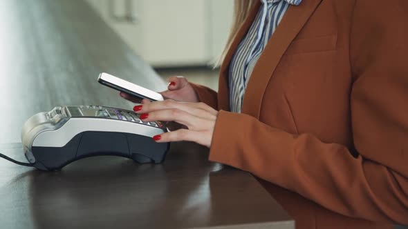 Woman Hands Close Up, Fashion Model Shopping Paying with NFC Technology on Mobile Phone, in