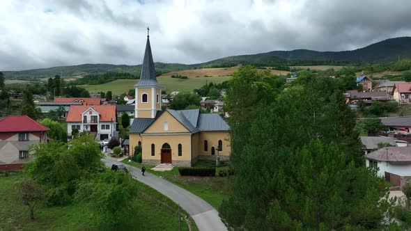 Aerial view of the church in the village of Helcmanovce in Slovakia