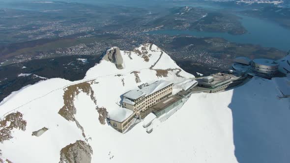 Snow-Capped Mountain Pilatus in Winter. Swiss Alps, Switzerland. Aerial View