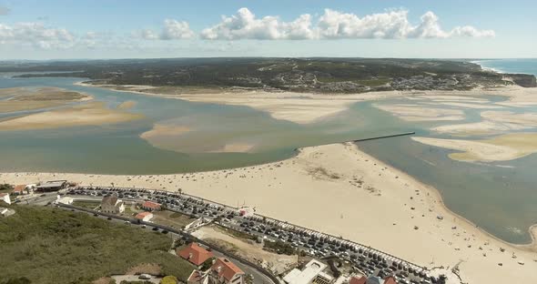 Foz Do Arelho Beach And Foz Do Arelho And Obidos Mouth Lagoon In Portugal On A Sunny Day