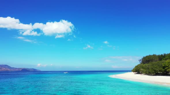 Aerial flying over sky of luxury lagoon beach adventure by transparent ocean and white sandy backgro