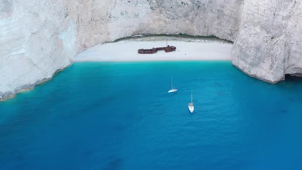 Aerial drone view of iconic beach of Navagio or Shipwreck