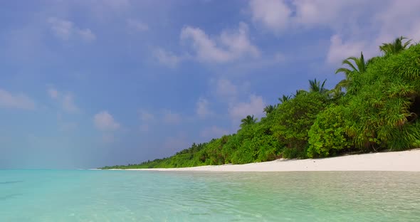 Wide angle birds eye copy space shot of a sandy white paradise beach and aqua turquoise water backgr