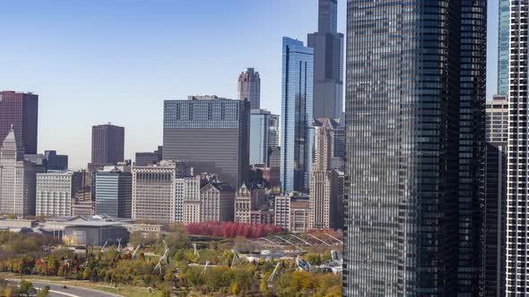 Aerial Reveal of Downtown Chicago and Milleannium Park