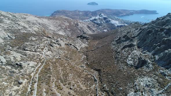 Village of Chora on the island of Serifos in the Cyclades in Greece from the sky