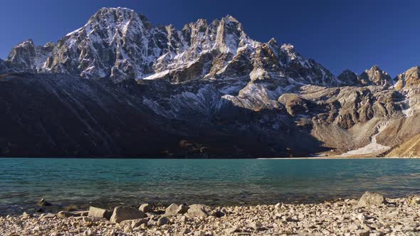 Clean Transparent Water of Gokyo Lake High Up in Himalaya, Nepal. Snowy Mount Gokyo Ri Is in the