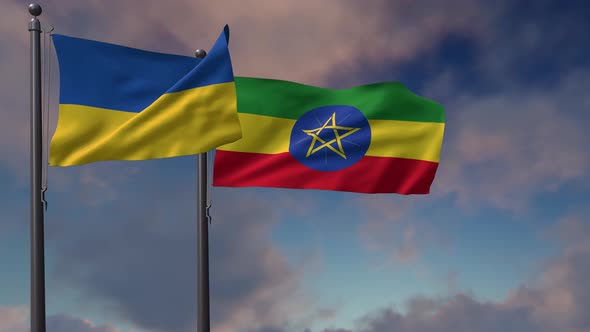 Ethiopia Flag Waving Along With The National Flag Of The Ukraine - 4K