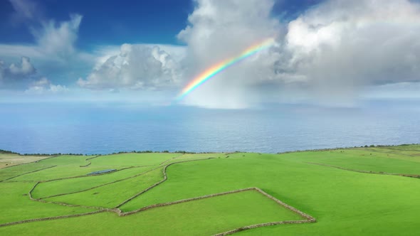 Amazing Landscape with Rainbow in Atlantic Ocean Sao Jorge Azores Portugal