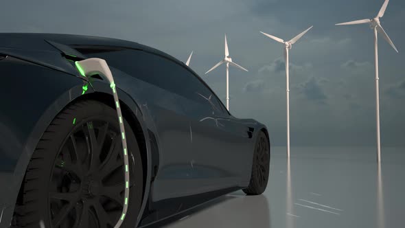 Car charging on the background of a windmills