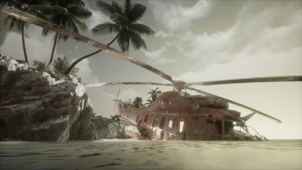 Old Rusted Military Helicopter Near the Island