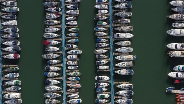 Several sailing yachts are moored with crossed bows to the blue jetty of the large Herzeliya Marina