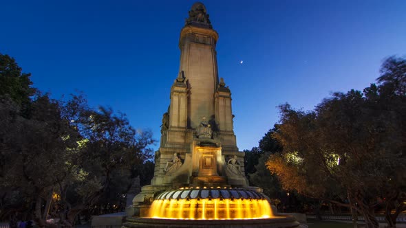Northeastern Side of the Cervantes Monument Timelapse Hyperlapse on the Square of Spain in Madrid
