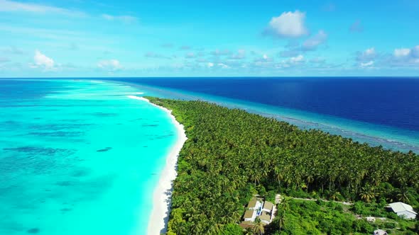 Aerial flying over travel of tropical coast beach time by blue lagoon with clean sand background of 