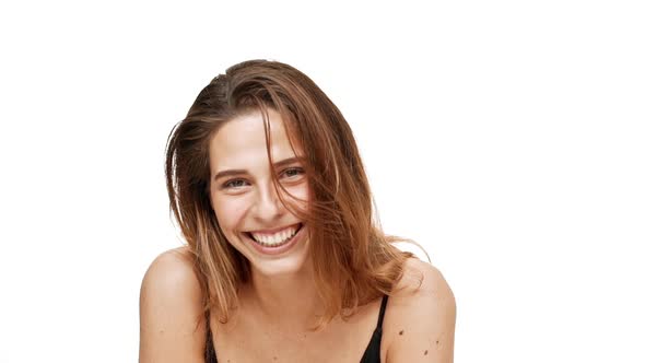 Cheerful Young Beautiful Girl Smiling Laughing Over White Background