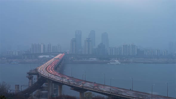 Seoul, Korea, Wide angle view of the Cheongdam Bridge from day to night in Seoul