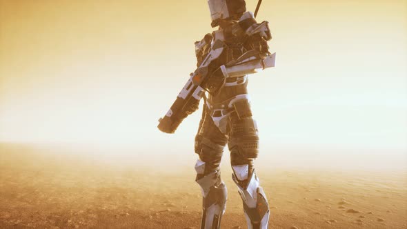 Futuristic Soldier in Desert at Sandstorm alt