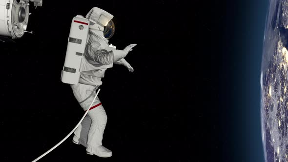 Astronaut Spacewalk, Waving His Hand in the Open Space alt