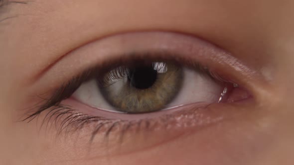 Eye of a young man close-up. With red capillaries on a white eyeball. 