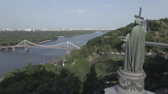 The Architecture of Kyiv. Ukraine: Monument To Volodymyr the Great. Aerial View, Slow Motion, Flat