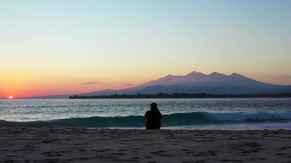 Girl loves life on luxury bay beach adventure by transparent sea with white sand background of the M