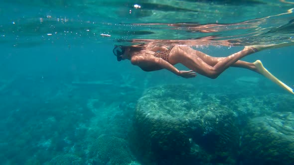 Woman in Mask and Snorkel Swimming Underwater Looking at Ocean Reef Tropical Diving in Clean Water