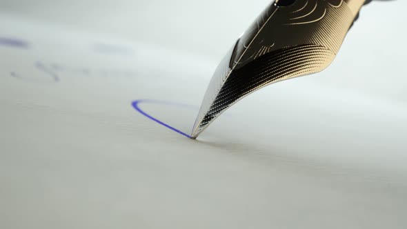 Close up of a quill pen writing a letter with blue ink. Calligraphy, handwriting