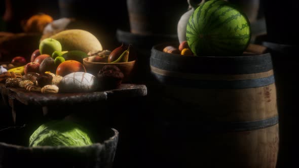 Food Table with Wine Barrels and Some Fruits, Vegetables and Bread alt